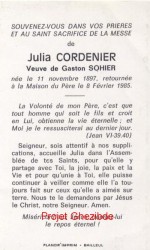 Julia CORDENIER veuve de Gaston SOHIER, décédée à Boeschèpe, le 8 Février 1985 (86 ans) lieu à confirmer.